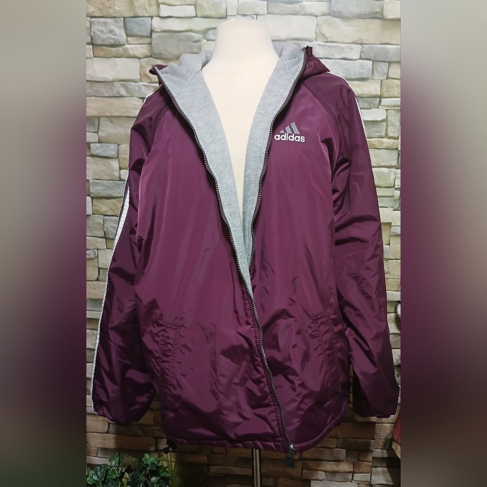 Vintage Y2K Adidas Reversible Jacket Men’s L Hooded Burgundy Maroon 3 Stripe - Picture 2 of 7